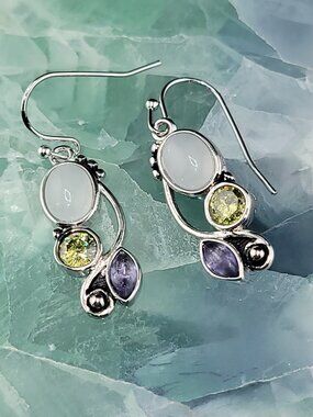 Silver Tone Multi-Stone Drop Earrings Moonstone Peridot Amethyst Style